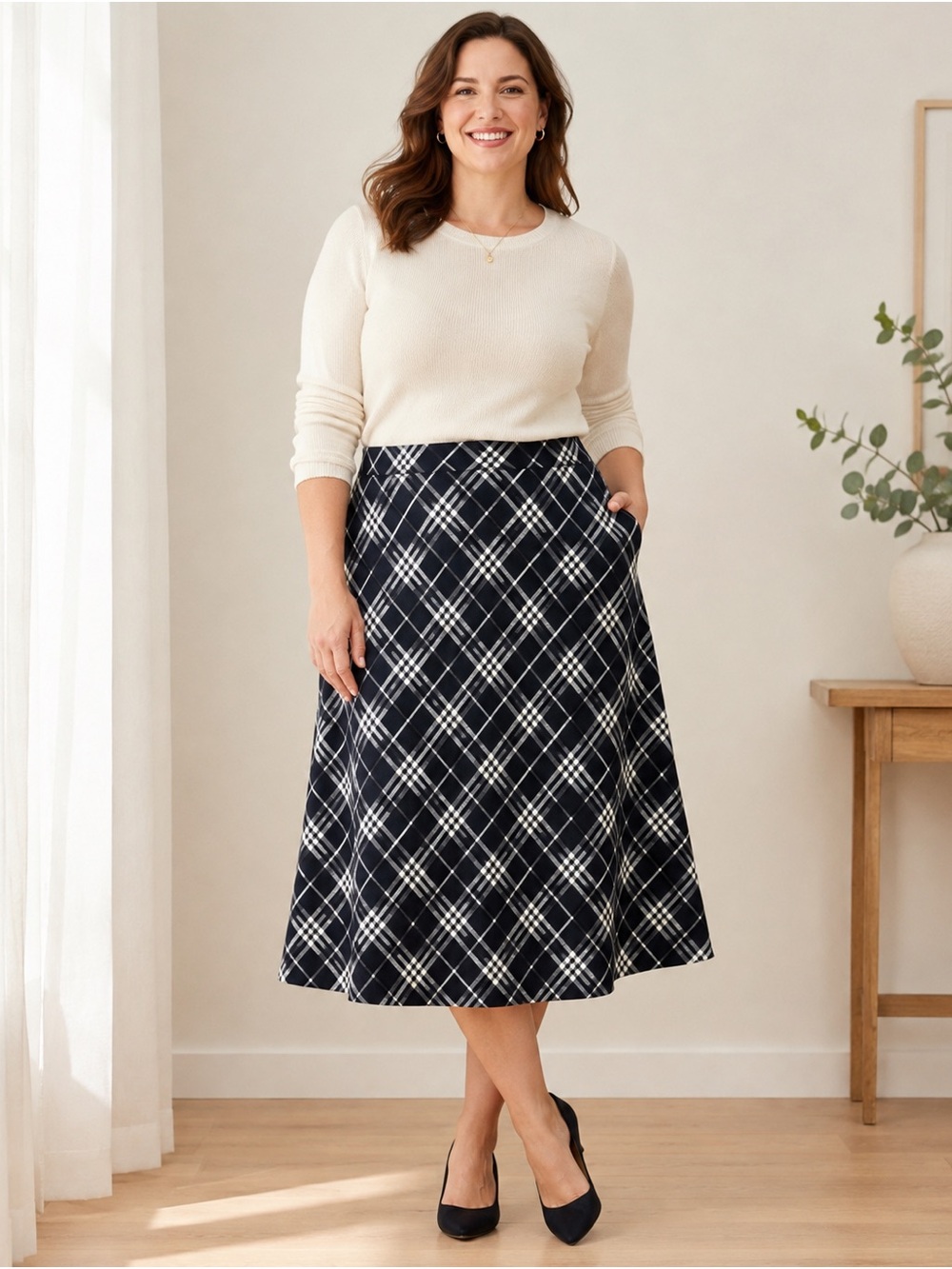 NWT Talbots Woman 20W Navy Plaid A-Line Midi Skirt MSRP $169